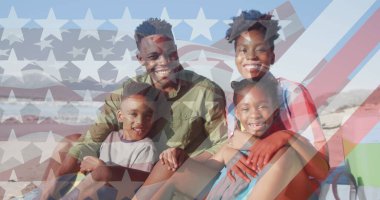 Mutlu Afro-Amerikan ailesinin üzerinde ABD bayrağı resmi. Ulusal vatanseverlik kavramı dijital olarak oluşturulmuş görüntü.