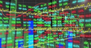 Gri arka planda dünya haritası üzerinde borsa ve istatistiksel veri işleme görüntüsü. Küresel ekonomi ve iş veri teknolojisi kavramı