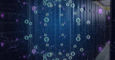 Karanlık bilgisayar sunucu odasında dönen küresel insan ve sohbet robotu ikonları görüntüsü. Ai, bağlantı, veri, iletişim ve dijital arayüz teknolojisi, dijital olarak oluşturulmuş görüntü.