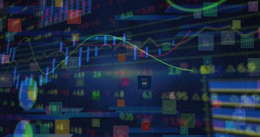 Mavi arkaplanda veri işleme resmi. küresel iş, finans, bağlantılar ve dijital arayüz konsepti, dijital olarak oluşturulmuş görüntü.