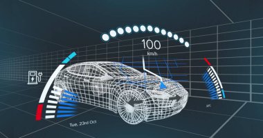 Donanma arka planında elektrikli araba projesinin üzerindeki hız göstergesi. elektrikli araba, yeşil enerji, eko güç, sürdürülebilirlik ve teknoloji konsepti, dijital olarak üretilen görüntü.