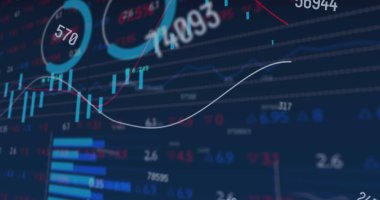 Mavi arka planda istatistiksel ve borsa veri işleme üzerinden rakamları değiştirme görüntüsü. Küresel ekonomi ve iş veri teknolojisi kavramı
