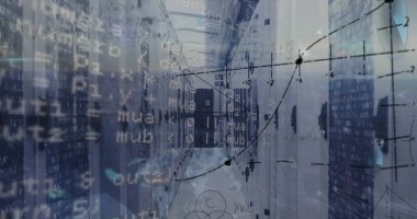 Sunucu odasında veri işleme resmi. Küresel iş ve dijital arayüz kavramı, dijital olarak oluşturulmuş görüntü.