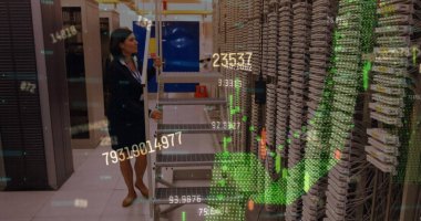 Financial data processing against caucasian female engineer working in server room. Cyber security and business data storage technology concept