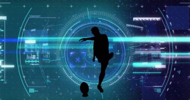 Rugby oynatıcısının üzerinde tarama ve veri işleme resmi. Küresel spor, rekabet ve veri işleme kavramı, dijital olarak oluşturulmuş görüntü.