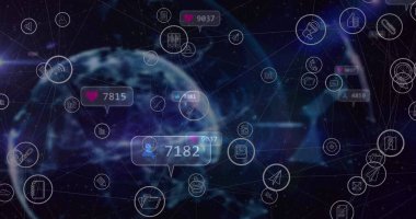 Siyah arkaplanda medya simgeleri ve dünya resmi. küresel iş, finans, bağlantılar ve dijital arayüz konsepti, dijital olarak oluşturulmuş görüntü.