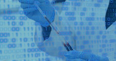 Doktorun üzerinde deney tüpüyle veri işleme görüntüsü. Küresel tıp ve dijital arayüz kavramı, dijital olarak oluşturulmuş görüntü.