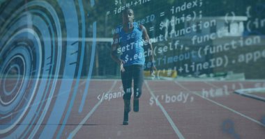 Afro-amerikan erkek koşucunun dijital ekranda çalışan görüntüsü. Spor, engelli ve veri işleme kavramına sahip aktif yaşam tarzı, dijital olarak oluşturulmuş görüntü.