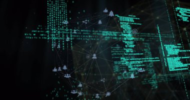 Bağlantı ağı üzerinden veri işleme resmi. Küresel bağlantılar, hesaplama ve veri işleme kavramı, dijital olarak oluşturulmuş resim.