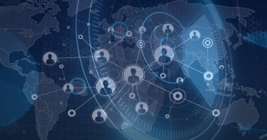 Bağlantı ağı üzerinden simgelerle bağlantı ağının resmi. Küresel bağlantılar dijital arayüz ve dijital arayüz kavramı, dijital olarak oluşturulmuş resim.