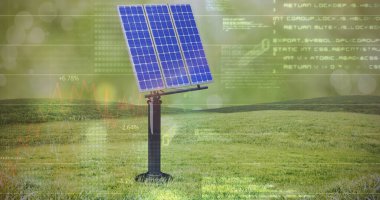 Bilgisayar verilerinin görüntüsü ve güneş paneli ve yeşil manzaranın grafiği. Dijital bileşik, çoklu maruz kalma, rapor, finans, doğa, güneş enerjisi, elektrik, yeşil teknoloji, sürdürülebilirlik.