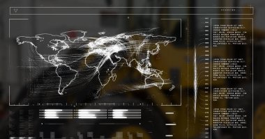 Depodaki veri işleme görüntüsü. Küresel iş ve dijital arayüz kavramı, dijital olarak oluşturulmuş görüntü.