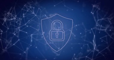 Mavi arkaplandaki bağlantı ağının üzerindeki asma kilit simgesinin resmi. Küresel teknoloji, çevrimiçi güvenlik ve dijital arayüz kavramı, dijital olarak oluşturulmuş görüntü.