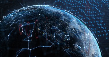 Mavi arka planda dönen dünyayı çevreleyen bağlantı ve yuvarlak tarayıcıların görüntüsü. Küresel ağ ve iş teknolojisi kavramı