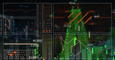 Image of financial data processing over screens. Global business, finances, computing and data processing concept, digitally generated image. clipart