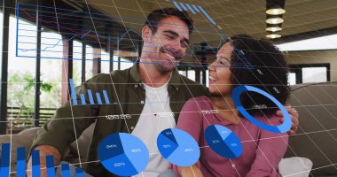 Image of graphs and changing numbers over diverse couple sitting and looking at each other. Digital composite, multiple exposure, love, togetherness, report, growth and business concept. clipart