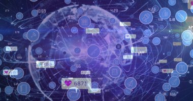 Mavi arkaplanda medya simgeleri ve dünya resmi. küresel iş, finans, bağlantılar ve dijital arayüz konsepti, dijital olarak oluşturulmuş görüntü.