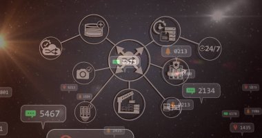 Dijital simgeli konuşma baloncukları ve gri arkaplandaki ışık noktalarına karşı artan sayılar. Sosyal medya ağ teknolojisi kavramı