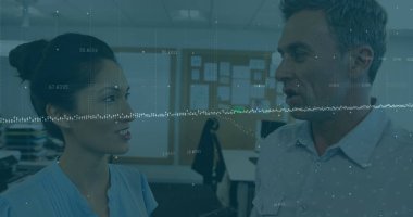 Grafikte küresel ekonominin yükselişi ve düşüşü, borsayı temsil eden beyaz noktalar ve ekonomik büyümeyi temsil eden beyaz sayılar gösteriliyor..