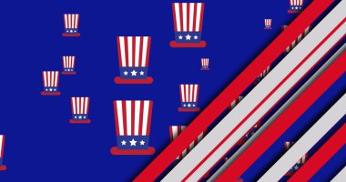 Mavi arka planda Amerikan bayrağı ve çizgili şapkalar. Usa, vatanseverlik ve kutlama konsepti, dijital olarak üretilen imaj.