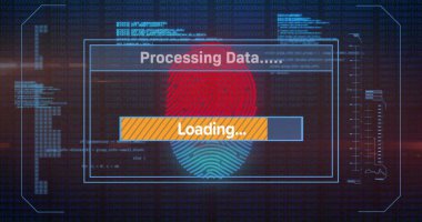 Çubukları yükleme resmi, bilgisayar dili, parmak izi ve siyah arkaplanda değişen numaralar. Metin, dijital olarak oluşturulmuş, kodlama, biyometrik, koruma, kodlama, büyüme ve teknoloji kavramı.