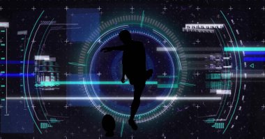 Rugby oynatıcısının üzerinde tarama ve veri işleme resmi. Küresel spor, rekabet ve veri işleme kavramı, dijital olarak oluşturulmuş görüntü.