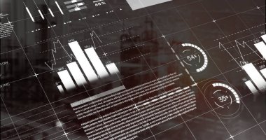 Modern binalar üzerinde gökyüzüne karşı bilgi arayüzü resmi. Dijital bileşik, çoklu pozlama, rapor, iş, büyüme, ilerleme, veritabanı, soyut ve mimari kavram.