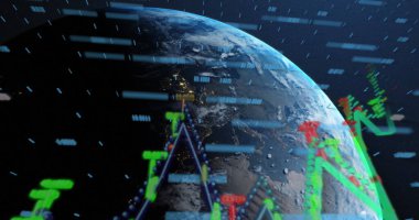 Soyut arkaplanda dönen dünya üzerinde birden fazla grafik, çubuk ve değişen sayıların resmi. Dijital olarak üretilen hologram, illüstrasyon, rapor, iş dünyası, büyüme ve küreselleşme kavramı.