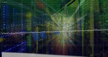 Bilgisayar sunucu odasına karşı istatistiksel veri işleme ve ışık noktası görüntüsü. İş veri depolama teknolojisi kavramı