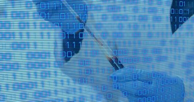 Doktorun üzerinde deney tüpüyle veri işleme görüntüsü. Küresel tıp ve dijital arayüz kavramı, dijital olarak oluşturulmuş görüntü.