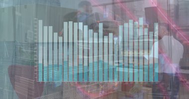 Depodaki çeşitli işçilerin veri işleme görüntüsü. Küresel iş ve dijital arayüz kavramı, dijital olarak oluşturulmuş görüntü.