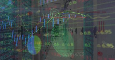 Sunucu odasında veri işleme resmi. küresel iş, finans, bağlantılar ve dijital arayüz konsepti, dijital olarak oluşturulmuş görüntü.