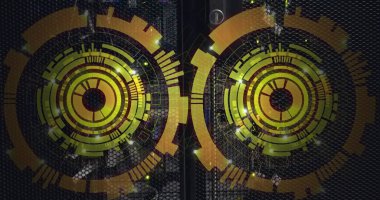 Bilgisayar sunucu odasında dönen iki yuvarlak tarayıcının görüntüsü. Bilgisayar arayüzü ve iş veri depolama teknolojisi kavramı