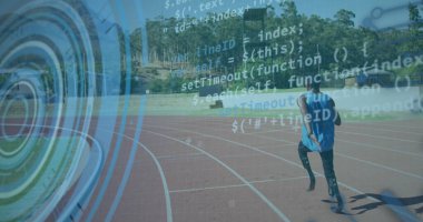 Afro-amerikan erkek koşucunun dijital ekranda çalışan görüntüsü. Spor, engelli ve veri işleme kavramına sahip aktif yaşam tarzı, dijital olarak oluşturulmuş görüntü.