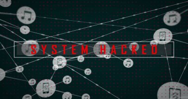 SİSTEM HACKED 'i gösteren kırmızı uyarı metni dijital arkaplanı örtüyor. Sayısız beyaz asma kilit simgesi ve bağlantı çizgileri bir güvenlik ihlali olduğunu gösteriyor
