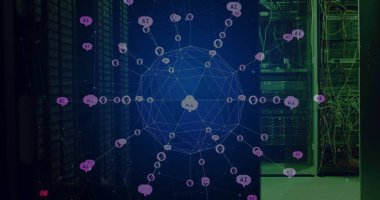 Koyu bilgisayar sunucu odasında dönen küresel ai sohbet robotu ikonu ağı görüntüsü. Ai, bağlantı, veri, iletişim ve dijital arayüz teknolojisi, dijital olarak oluşturulmuş görüntü.