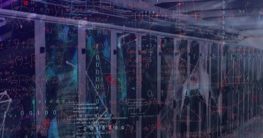 Sunucu odasında veri işleme resmi. Küresel iş ve dijital arayüz kavramı, dijital olarak oluşturulmuş görüntü.