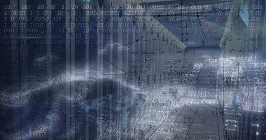 Sunucu odasında veri işleme resmi. Küresel iş ve dijital arayüz kavramı, dijital olarak oluşturulmuş görüntü.