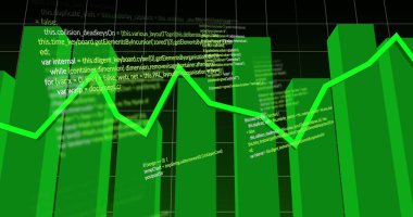 Image of green line and financial data processing over dark background. Global business, finances, computing and data processing concept, digitally generated image. clipart