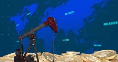 Rafineri pompasının üzerindeki finansal grafiklerin resmi. Küresel iş, finans, veri işleme ve dijital arayüz kavramı, dijital olarak oluşturulmuş görüntü.