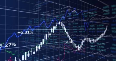 Siyah arka planda finansal veri işleme resmi. Küresel finansman, bilgisayar ve dijital arayüz kavramı, dijital olarak oluşturulmuş resim.