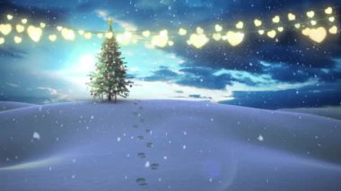 Kış manzarasında noel ışıklarının ve noel ağacının animasyonu. Noel, şenlik, kutlama ve gelenek konsepti dijital olarak oluşturuldu.