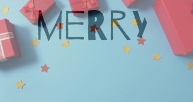 Noel ağacı ve mavi arka planda hediye kutuları üzerine Mutlu Xmas animasyonları. bayram, şenlik, kutlama, kış, mutlu Noeller, hediyeler