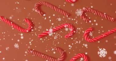 Kar taneli şeker kamışları ve kahverengi arka planda yıldız animasyonu. Noel, tatil, şenlik, kış, süs, şeker