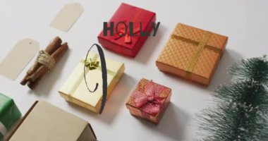 Beyaz arka planda Noel hediyesi süslemeleri eşliğinde kutsal metnin animasyonu. Noel, şenlik, kutlama ve gelenek konsepti dijital olarak oluşturuldu.