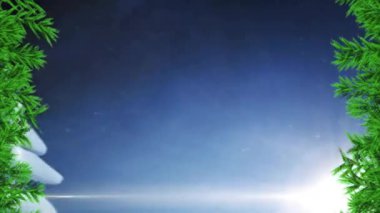 Karla kaplı evler ve ağaçlarla kaplı yeşil sınır animasyonu kış gecesi manzarası.