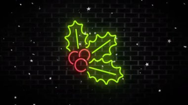 Tuğla arka planda Neon Holly üzerindeki yıldızların animasyonu. Noel, gelenek ve kutlama konsepti dijital olarak oluşturuldu.