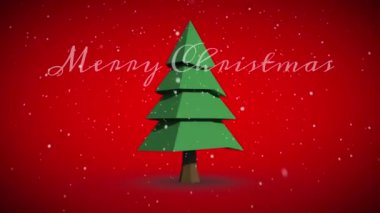 Yeşil Noel ağacı ve yağan karlı animasyon üzerine Mutlu Noeller mesajı. Bayramlar, kış, kar taneleri, kutlama, şenlik, selamlama