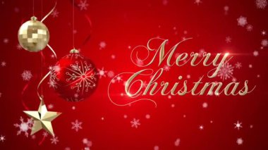 Kırmızı arka planda kar taneleri animasyonu üzerine Mutlu Noeller mesajı ve dekorasyon. bayram, bayram, kış, kutlama, selamlama, mevsim