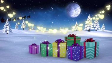 Kış manzarasında Noel süsleri, hediyeler ve Noel Baba 'nın kızakla gezmesi. Noel, kutlama ve dijital arayüz kavramı dijital olarak oluşturulmuş video.
